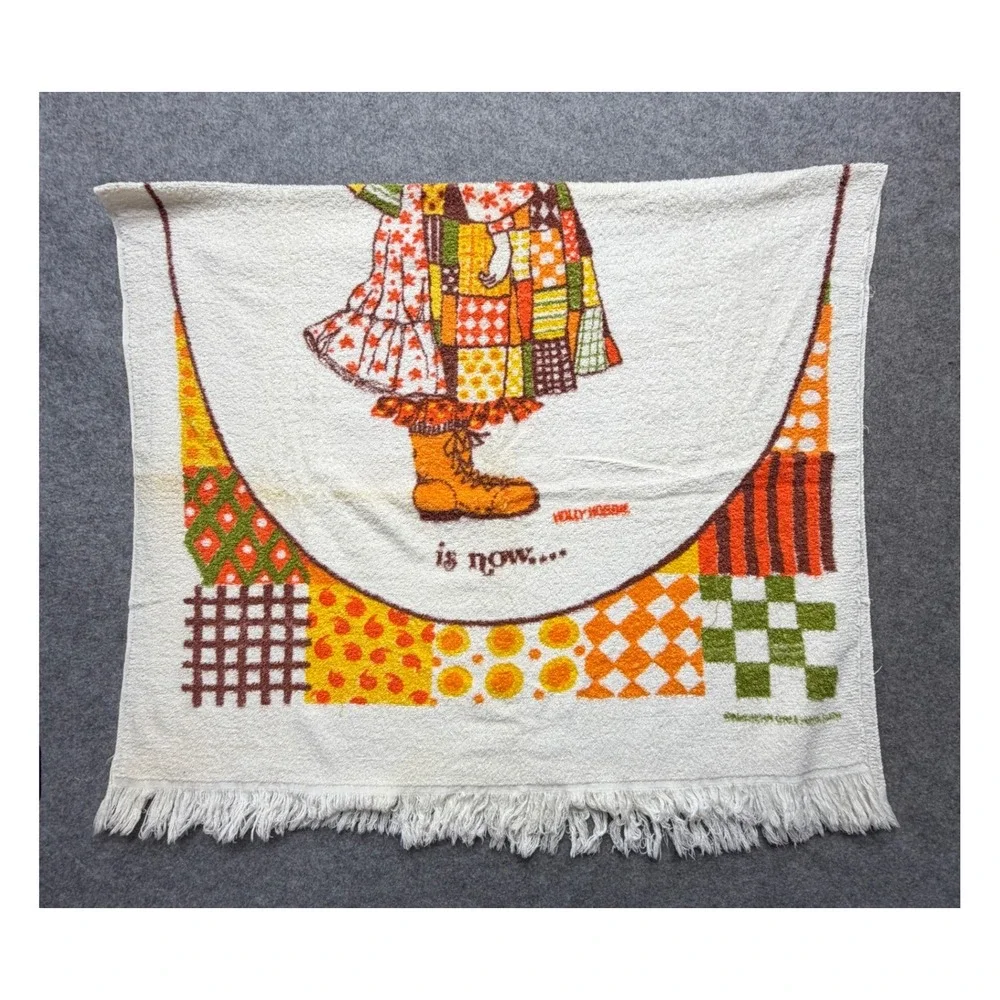Vintage Holly Hobbie Beach Towel American Greetings 1970s Retro Fringed Cotton